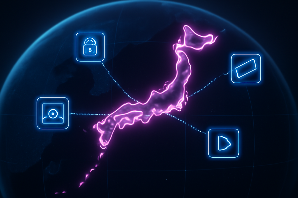 Neon map of Japan with lock, ticket, and play icons—SharePlay availability explained: regional rights, subscription rules, cross-border limits; hopeful yet cautious, clear expectations.