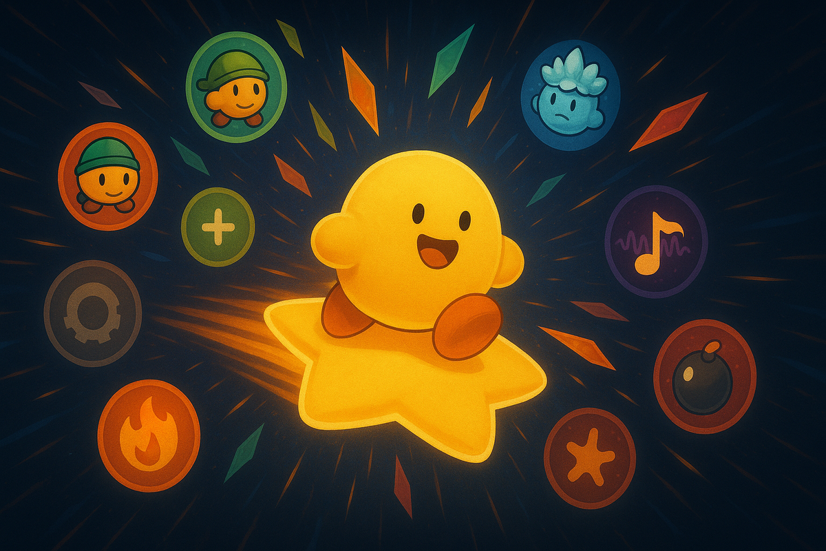 Adorable star rider at center with swirling ability badges—expanded roster energy, power-up possibilities, joyful nostalgia and fresh wonder bursting in color.