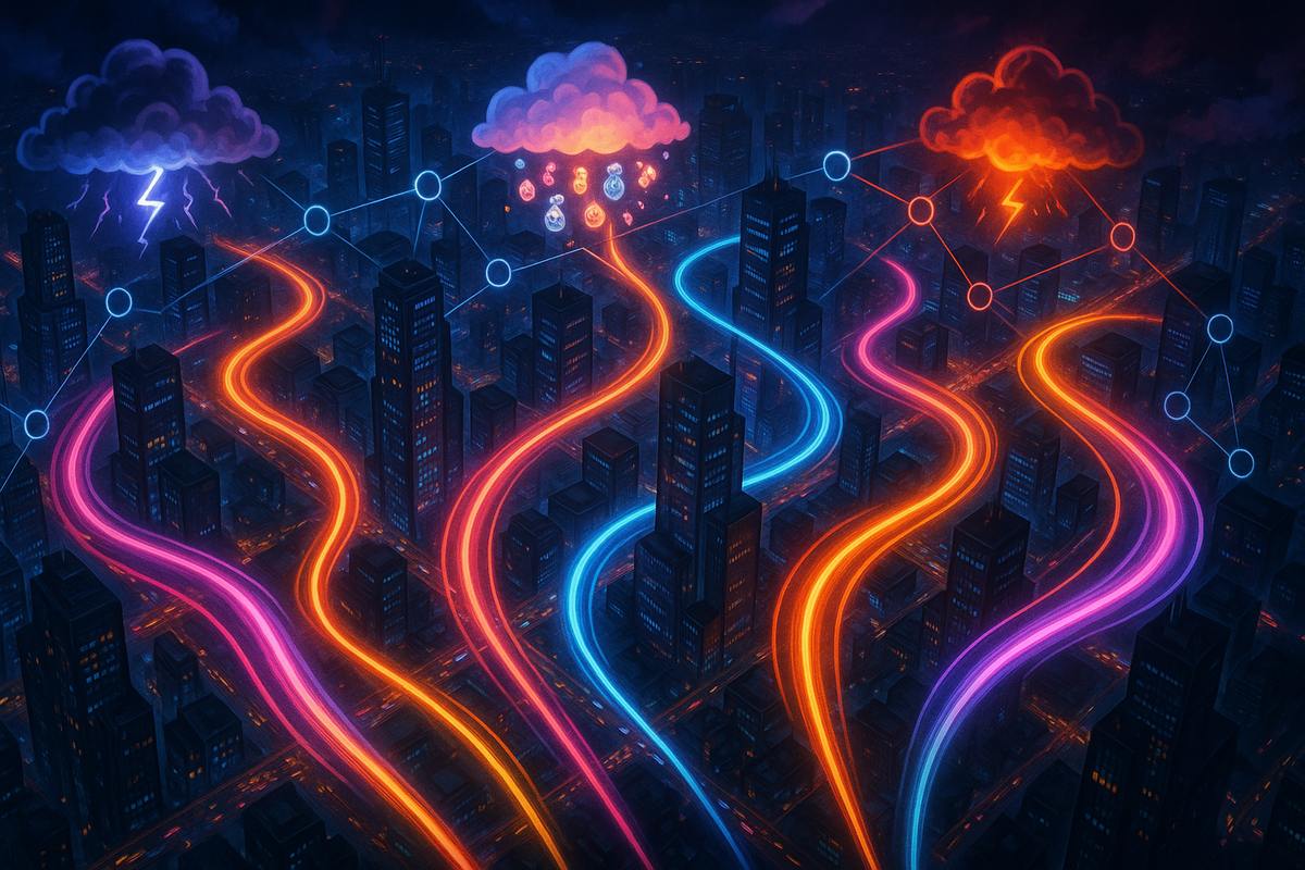 Neon night city traced by multicolored speed trails for massive online races—event clouds crackle with lightning; chaotic, competitive, adrenaline-charged city trial vibe.