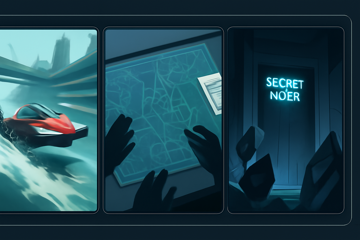 Mode mosaic: left high-speed hover race splash, center strategy table with map, right mysterious glowing door teasing secret modes—curiosity, discovery, FOMO.