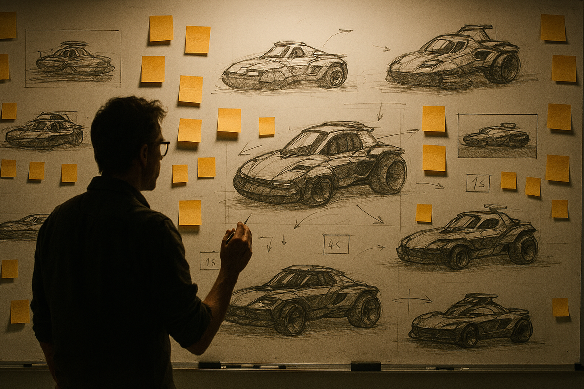 Behind-the-scenes studio—creator studies iterative vehicle sketches on a whiteboard layered with notes; obsessive craft, quiet intensity, passionate polish.