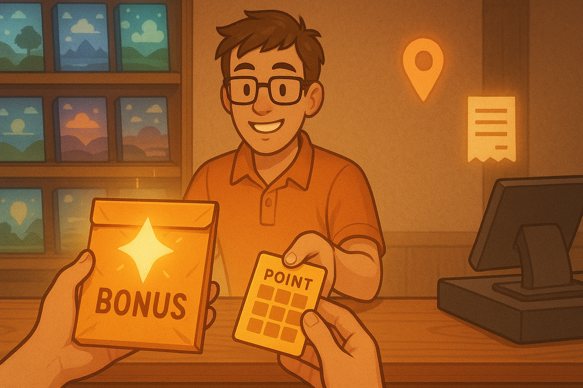 Happy shop clerk handing out glowing bonus rewards and point cards, radiating warm excitement of in-store preorder perks