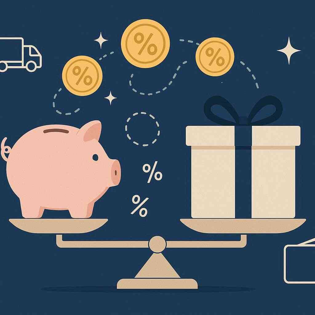 Piggy bank balancing against a glowing gift box with golden discount symbols floating, symbolizing the emotional battle between savings and special rewards