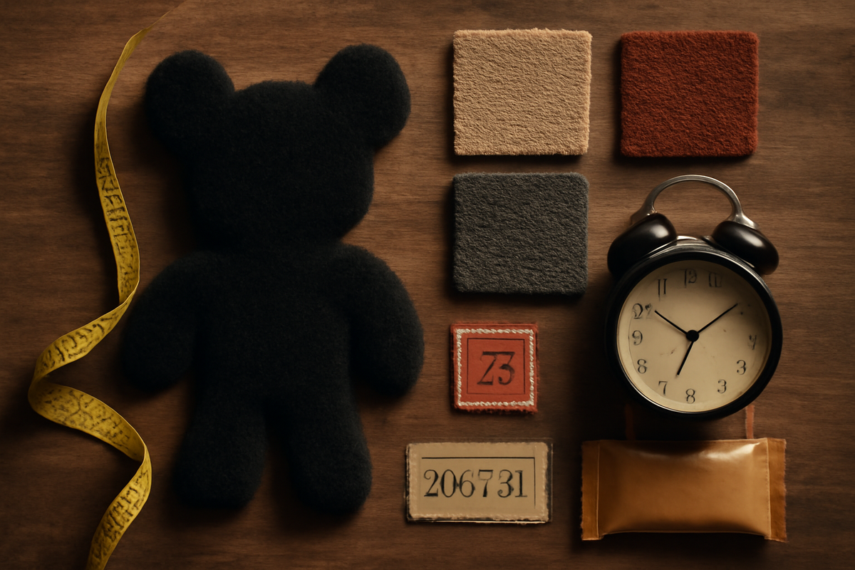 Soft plush bear silhouette with fabric swatches, tape measure, and vintage clock evoking the rare charm and limited-time magic of collector’s items