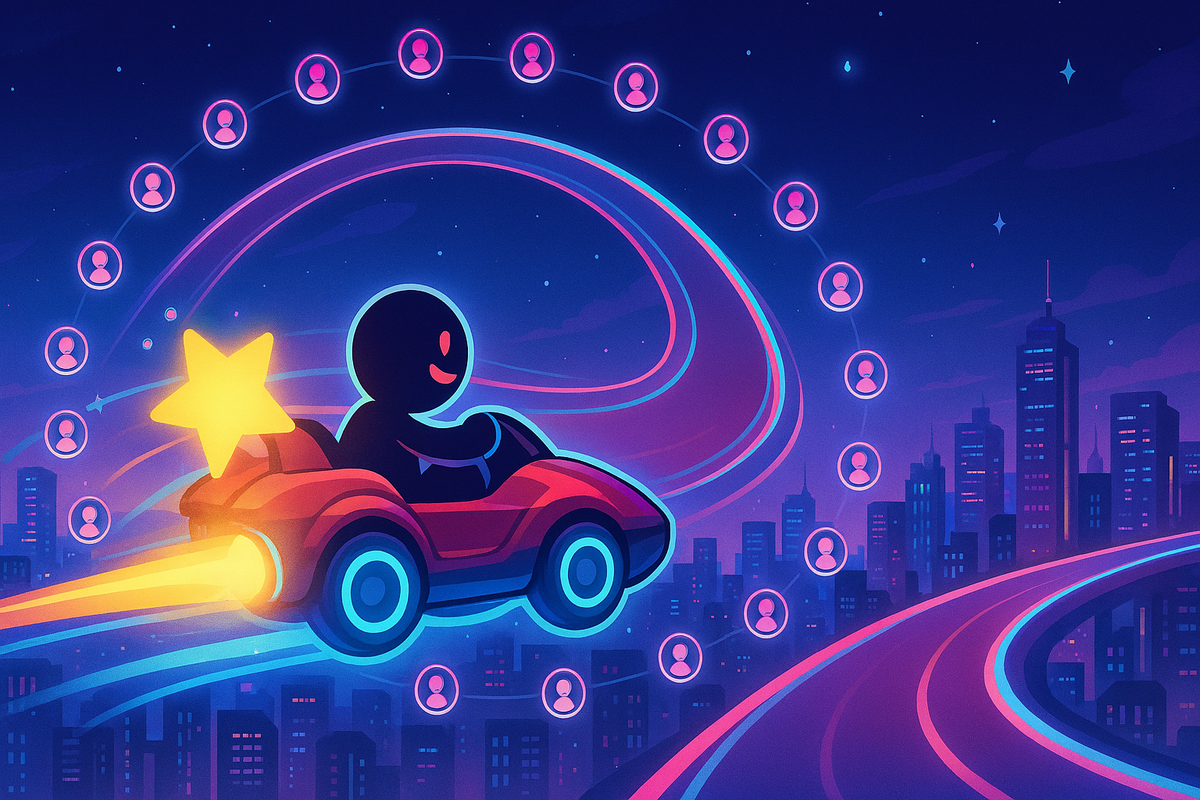 Futuristic neon racetrack with a glowing star-powered car flying through a night city skyline, symbolizing the electrifying joy of multiplayer racing adventures