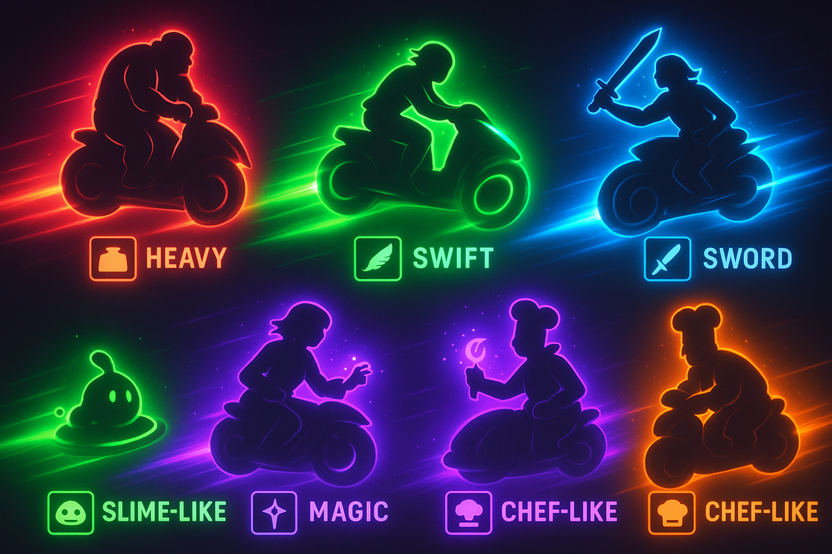 Neon roster of rider archetypes—heavy, swift, sword, slime-like, magic, chef-like—streaking lights scream speed, variety and meta-shaking choices.