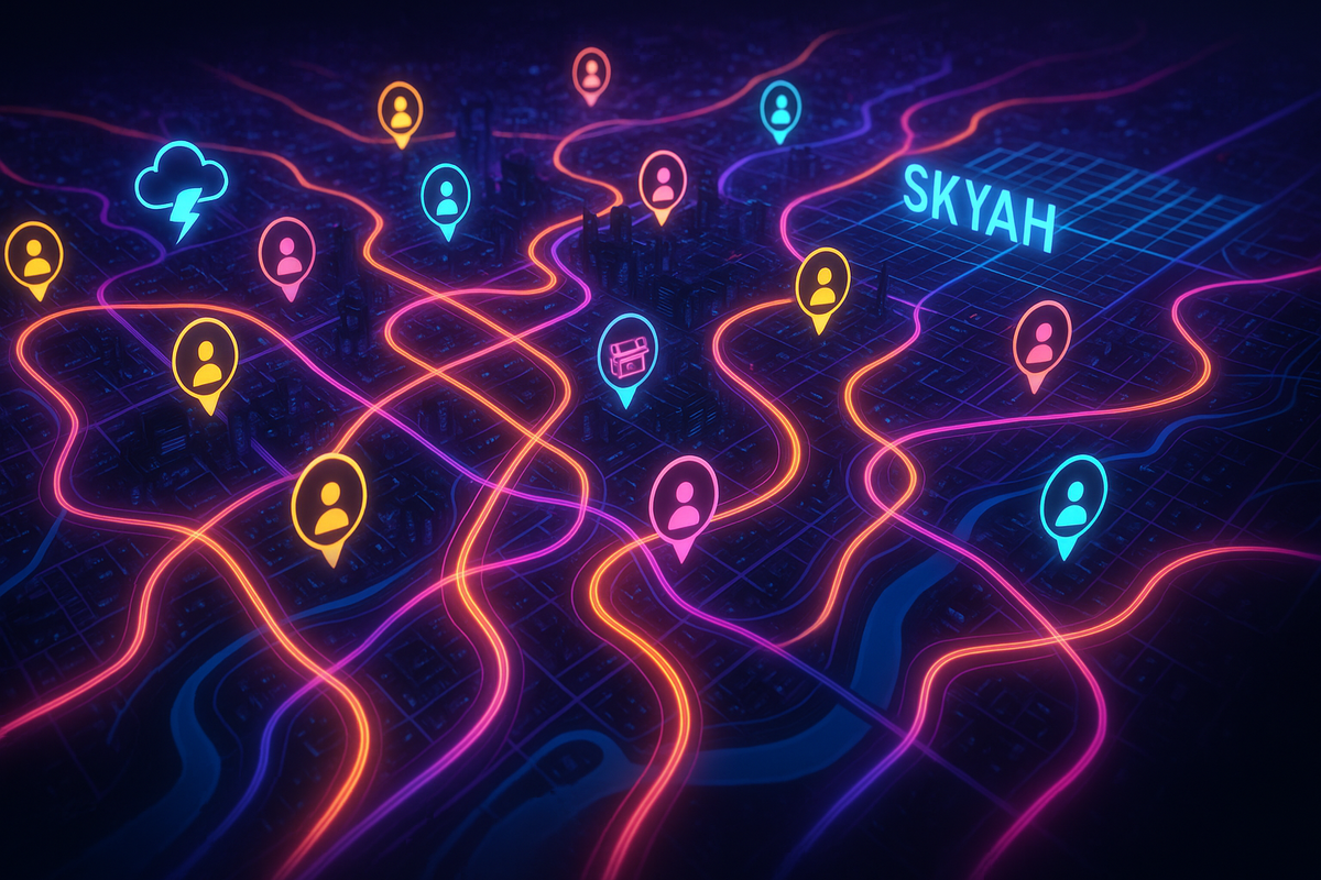 Vast “Skyah” city map glowing with routes, player pins and dynamic events—a living arena for chaotic 16-player online trials.