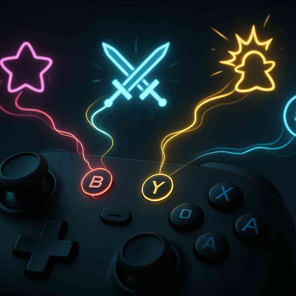 Controller with B and Y lighting up star, twin blades and burst icons—new buttons, copy powers and special moves, crisp and responsive.