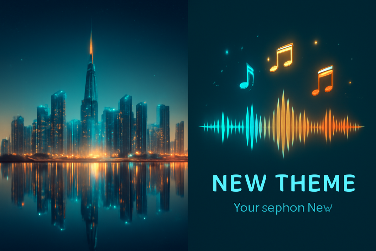 Next-gen glow: skyline mirrored on water beside a pulsing waveform and music notes—fresh theme track energy with goosebump-worthy vibes.