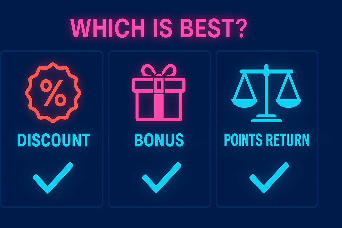 Neon comparison of pre-order perks—Discount vs Bonus vs Points Return—clear, punchy, decision-making visual for the smartest, best-value deal hunters.