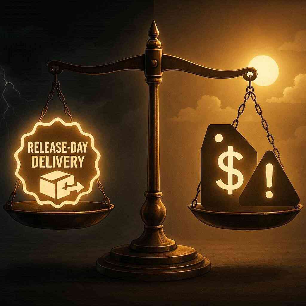 Dramatic scales weigh release-day delivery against price and risk—storm vs sunshine—pros and cons of pre-ordering captured with bold, cinematic tension.