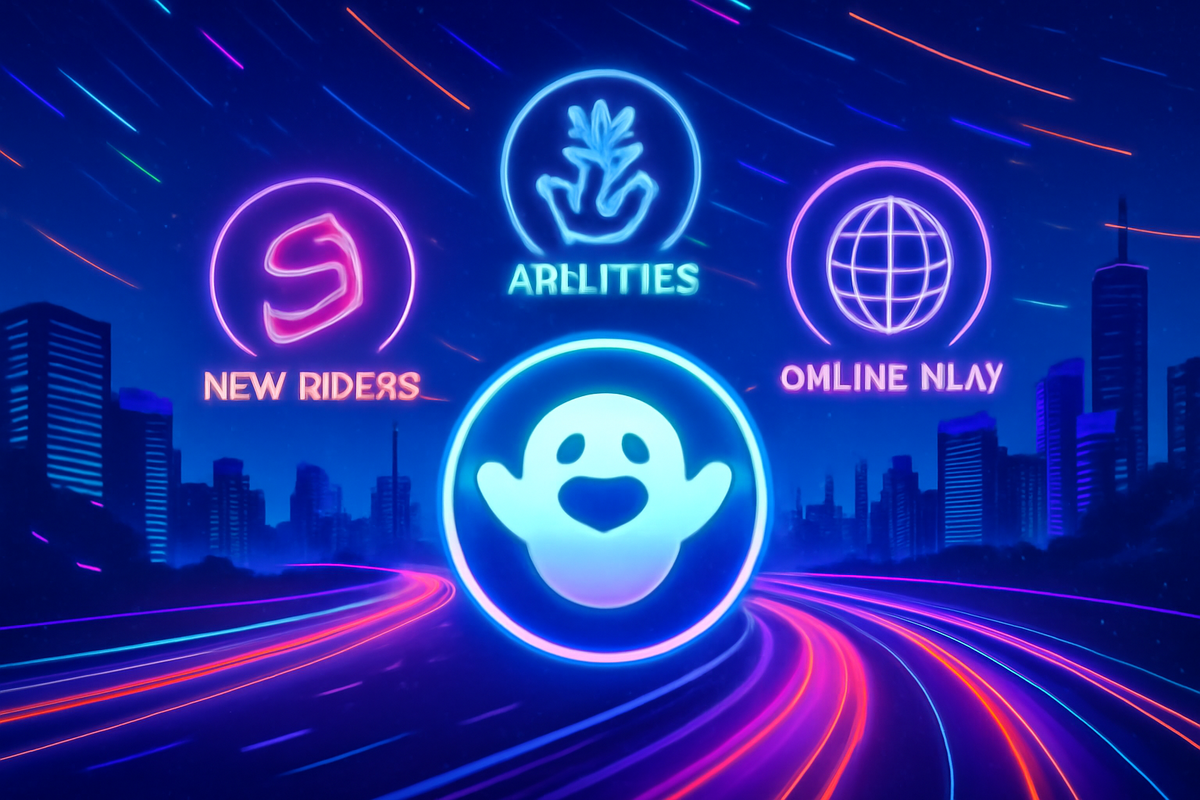 New features at a glance—neon city highway with glowing badges for new riders, abilities and online play—fast, futuristic, jaw-dropping comeback energy.