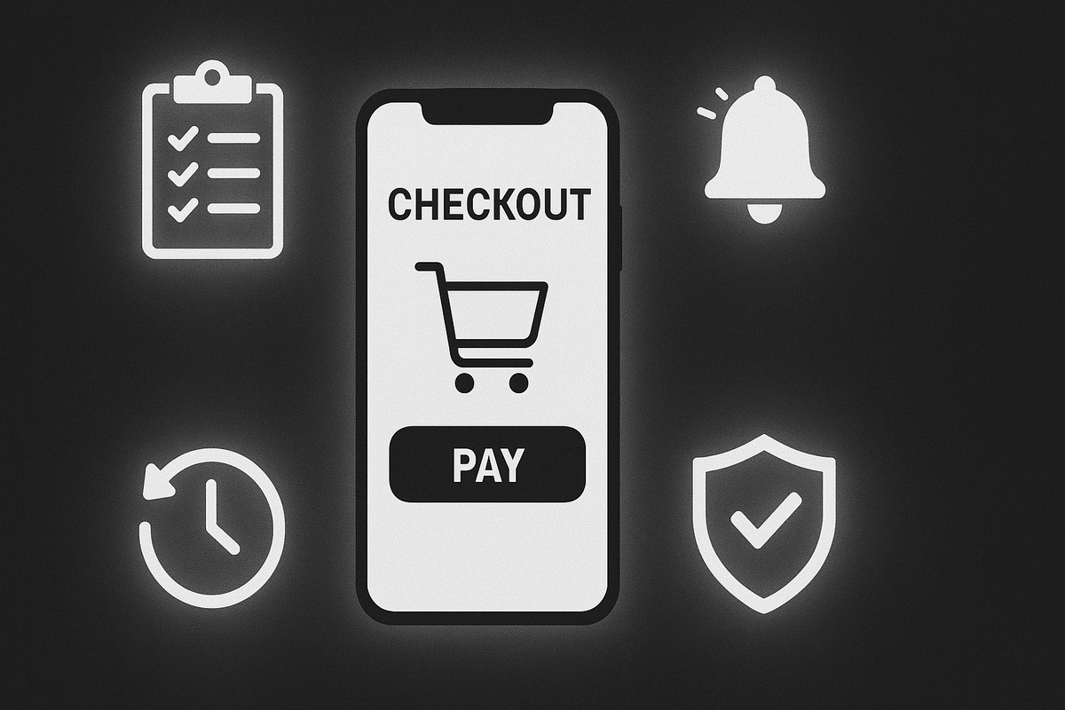Secure checkout made simple—phone screen with checklist, refund timing, alerts and buyer protection—smooth, stress-free pre-order flow for peace of mind.