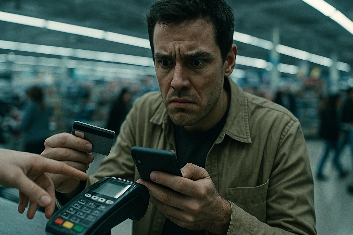 Anxious checkout moment: customer frowns at phone while holding a credit card over a card reader—tense lighting and palpable payment stress