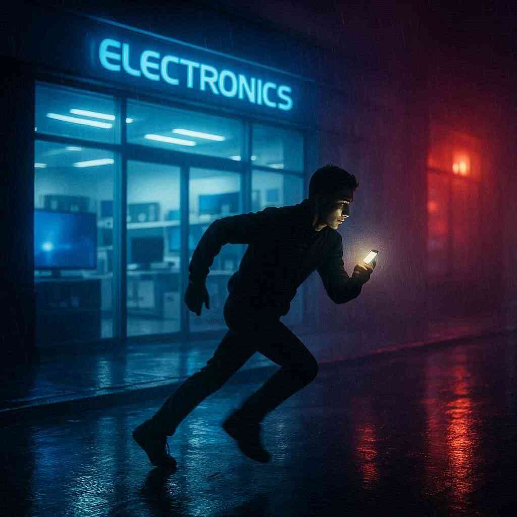Rain-soaked night dash: person sprinting toward a bright electronics store, phone screen lighting the face—urgent alert and adrenaline rush