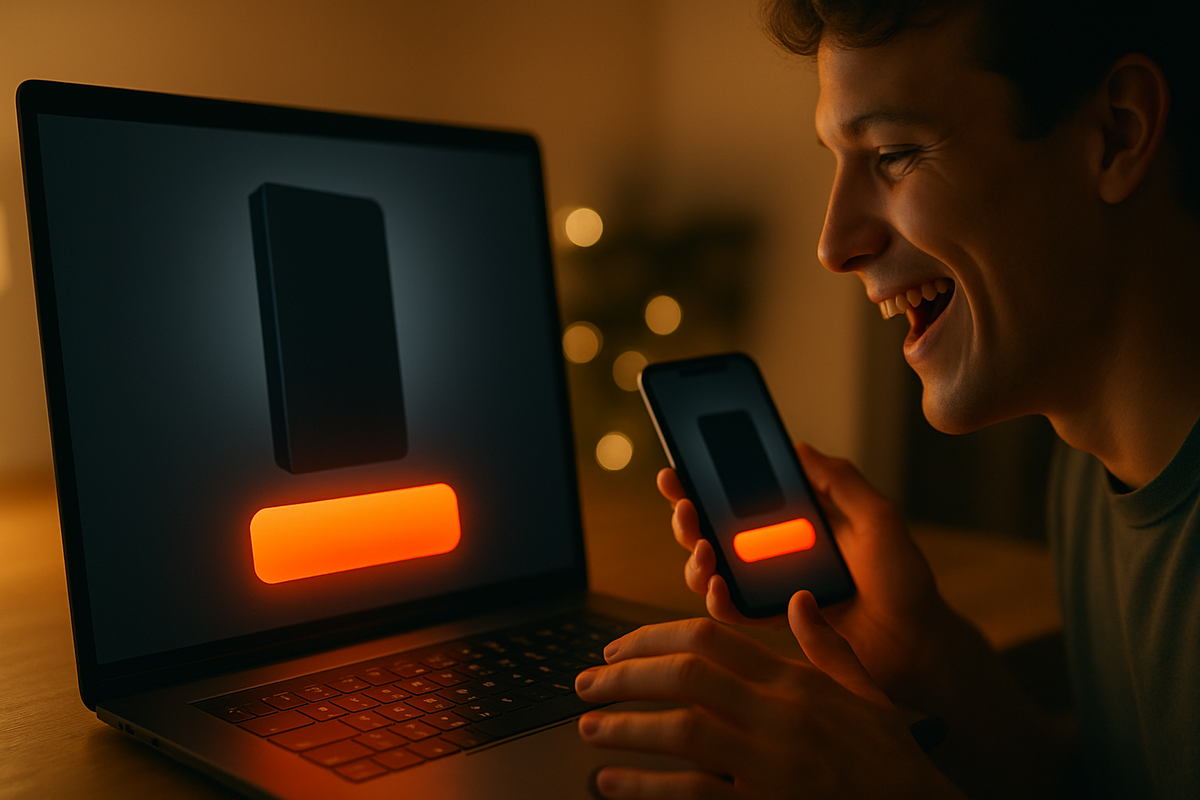 Cinematic preorder rush at home—smiling fan hovering over a glowing purchase button on laptop and phone, cozy night light, joyful anticipation