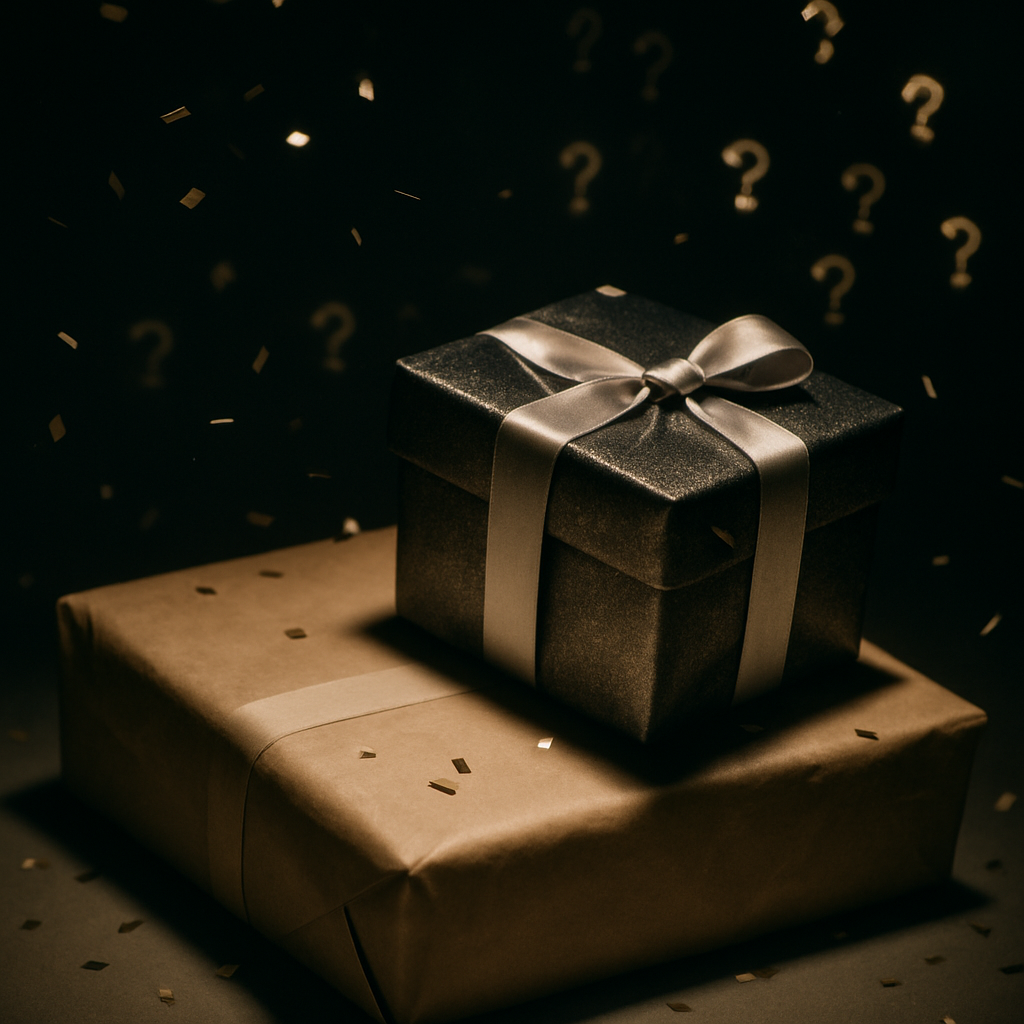 Exclusive mystery bonus—shimmering gift boxes with confetti and question-mark bokeh, luxurious glow, irresistible curiosity and FOMO