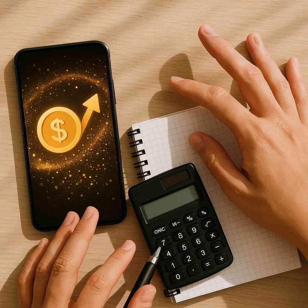 Points and cashback power—gold coin icon rising on a phone as hands calculate with a notebook and calculator, satisfying savings strategy