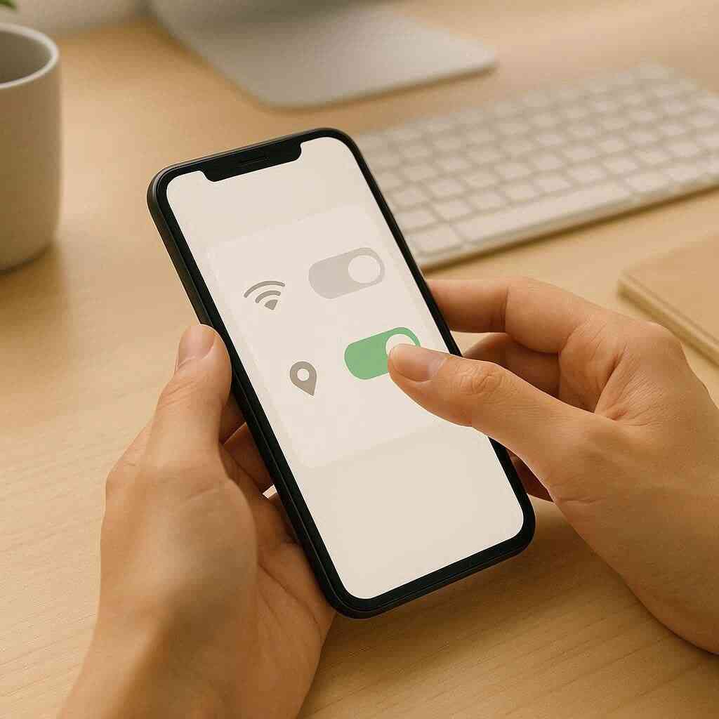 Calm fix moment—hands toggling network and location switches on a smartphone settings screen, soft daylight and reassuring clarity for the weather widget issue