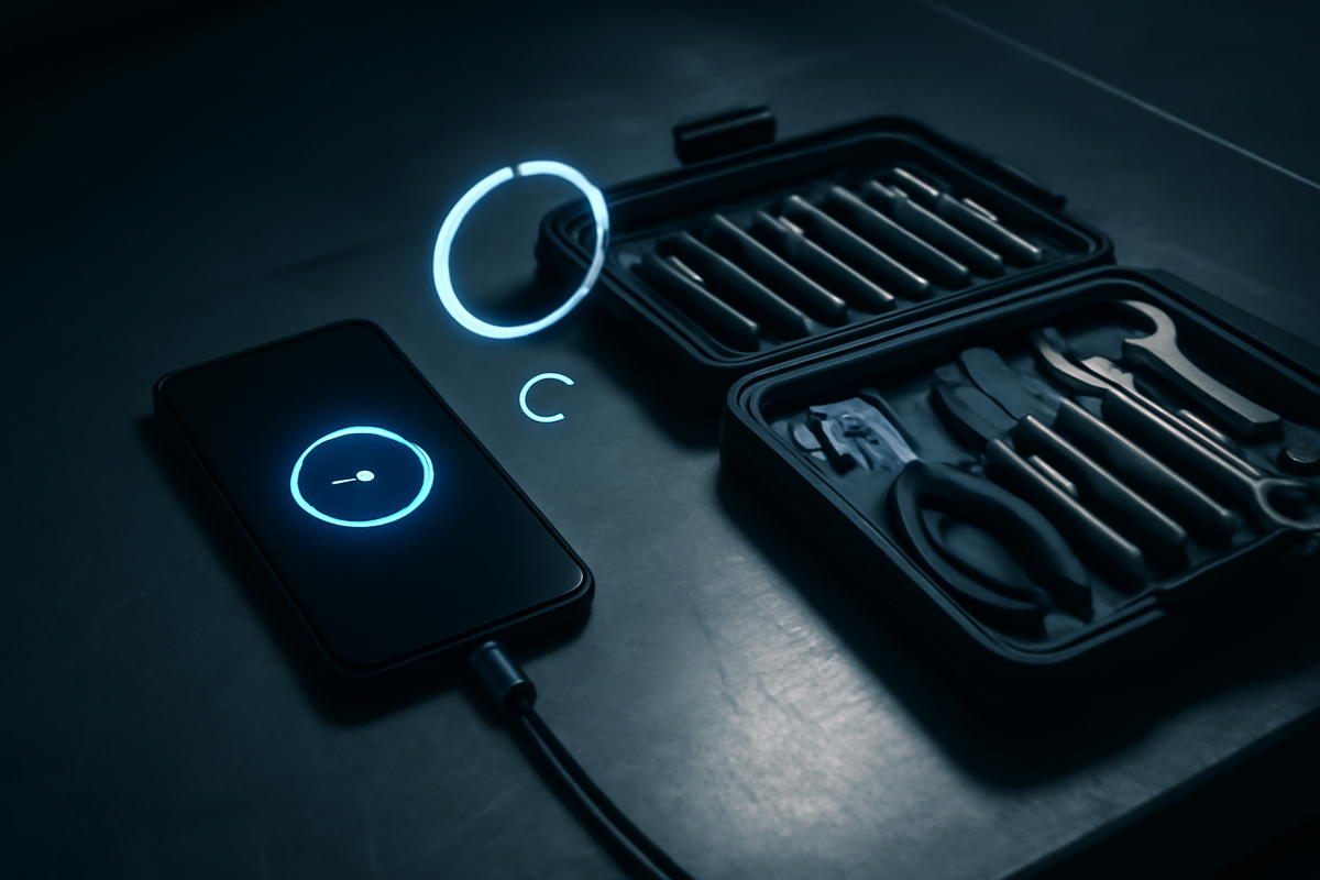 Power-user repair vibe—phone tethered on a dark workbench with glowing progress rings and precision tool kit, system-level reset for stubborn weather errors