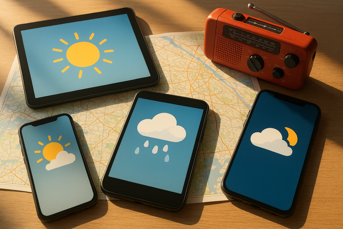 Power-user repair vibe—phone tethered on a dark workbench with glowing progress rings and precision tool kit, system-level reset for stubborn weather errors