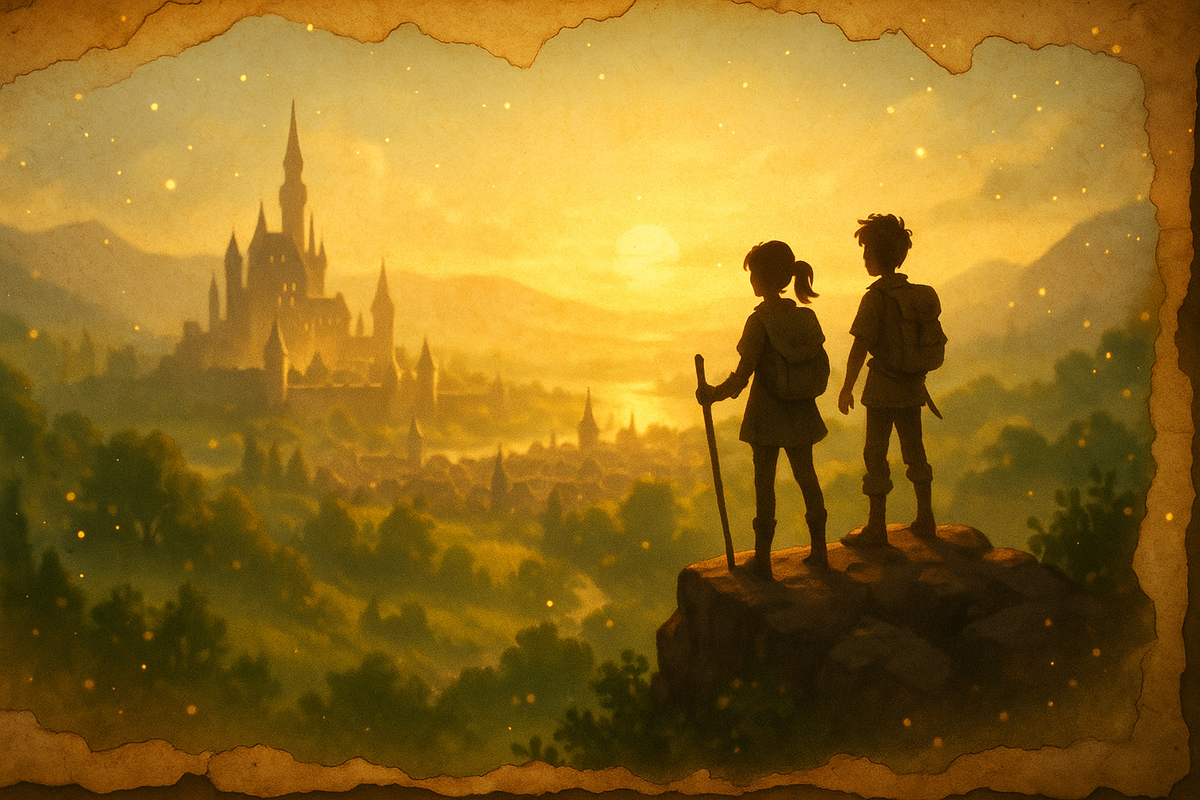 Two young adventurers overlooking a glowing kingdom at sunrise—storybook wonder, nostalgic warmth, and epic “new journey” energy