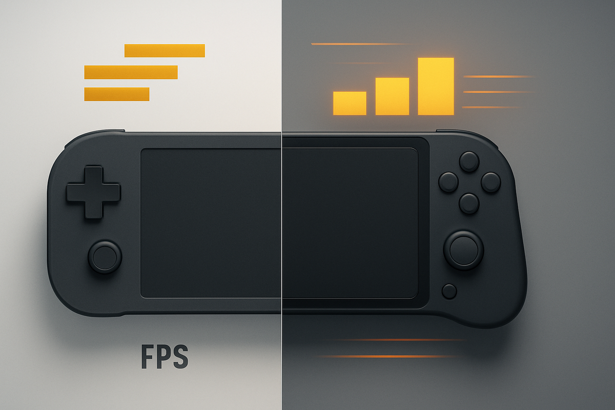 Side-by-side performance boost on a next-gen handheld—crisper detail, faster FPS, sleek speed lines, and satisfying upgrade vibes