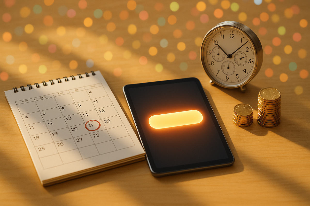 Launch-day excitement on a tidy desk—circled calendar date, glowing preorder button, classic clock, and coin stacks for smart budgeting
