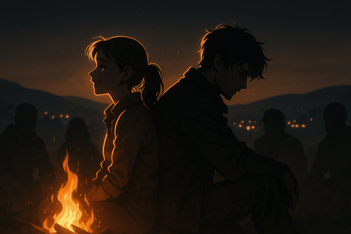 Campfire character drama—bright-hearted heroine and brooding partner back-to-back, ember glow, bittersweet bond and hopeful resolve