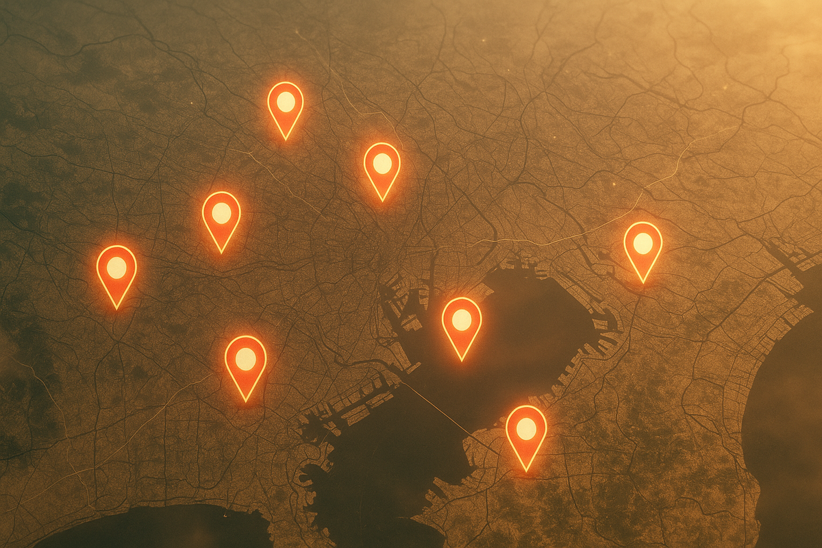 Sunrise Kanto map centered on Tokyo Bay with clustered orange pins—investigative snapshot of store-by-store Switch2 availability, tense yet hopeful