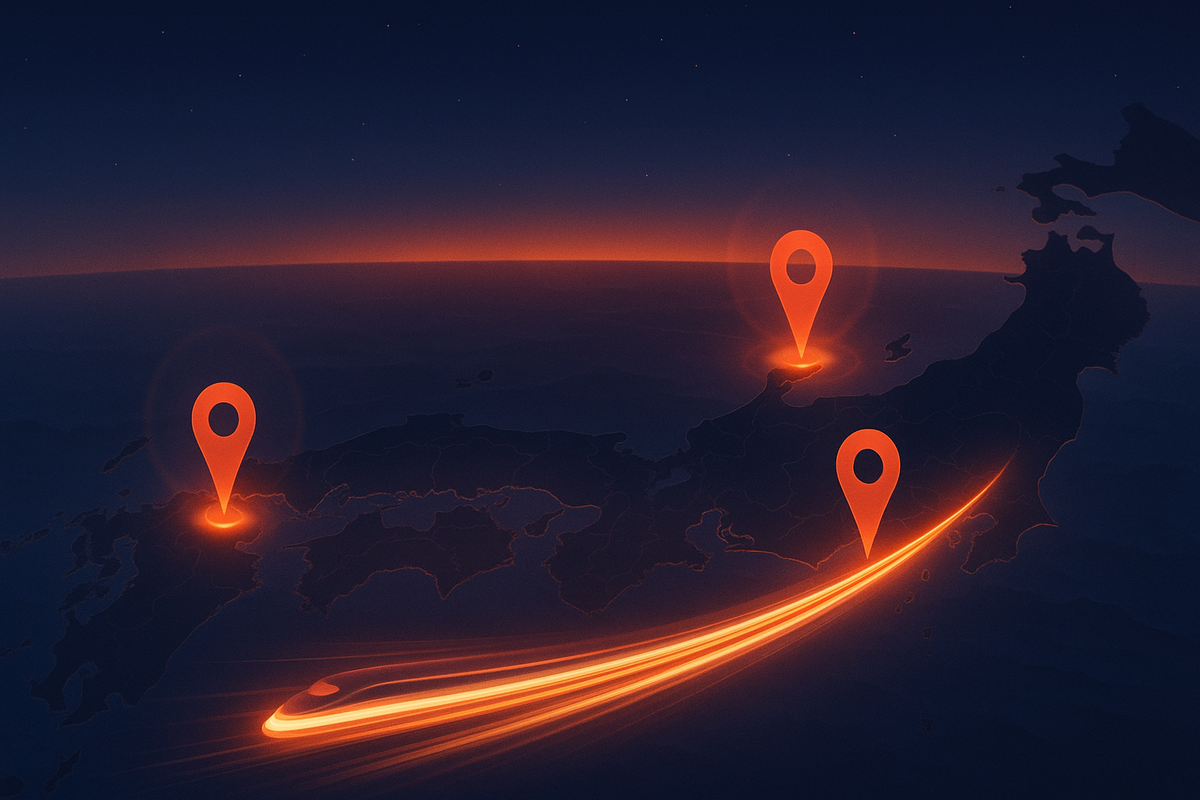 Twilight Japan from above with beacon pins and a blazing bullet-train light arc—momentum of fresh Switch2 shipments sweeping across regions