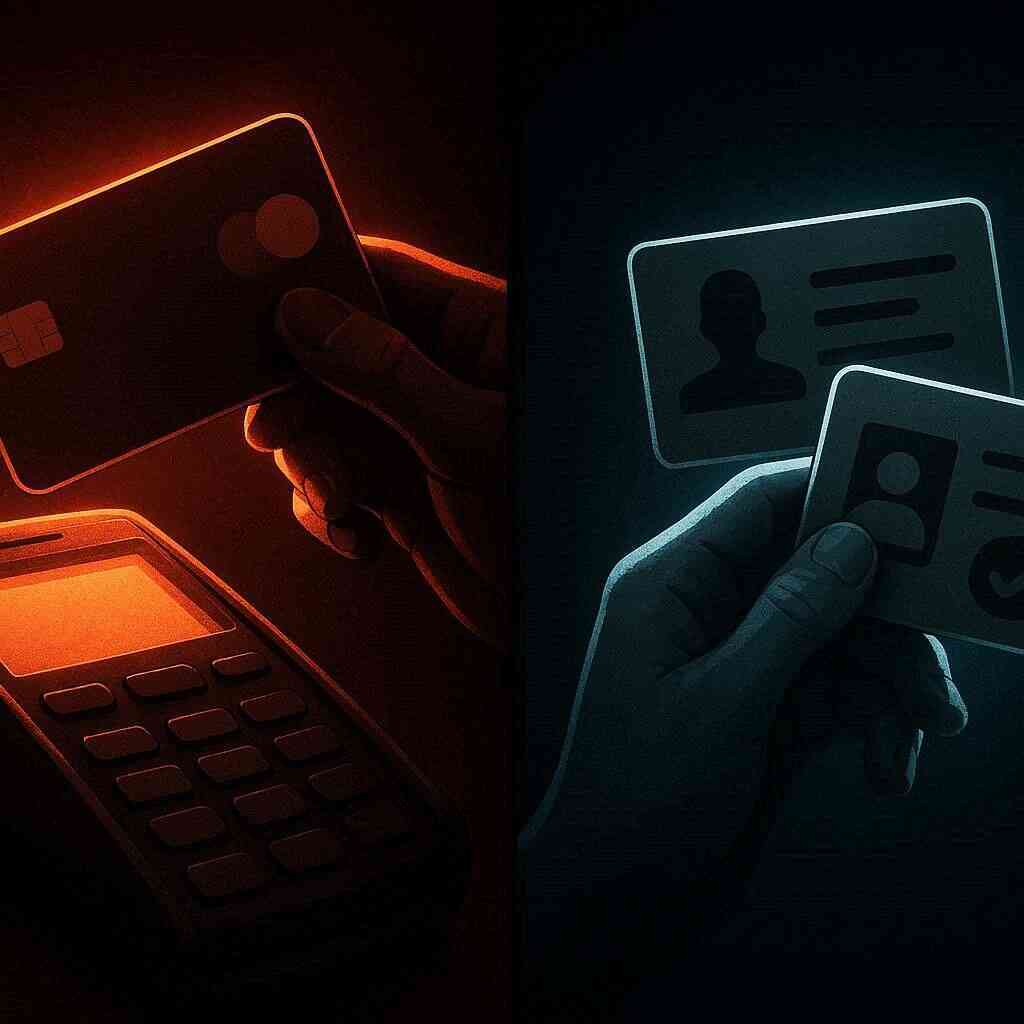 Split tableau: credit card over a generic terminal vs hands showing ID and membership card—high-stakes purchase rules for Switch2, tension turning into clarity