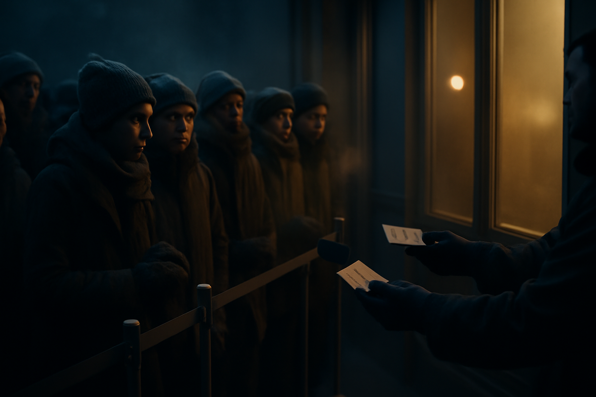 Predawn queue outside a storefront as staff hand out simple tickets—breath in the cold air, nervous anticipation for a surprise Switch2 drop
