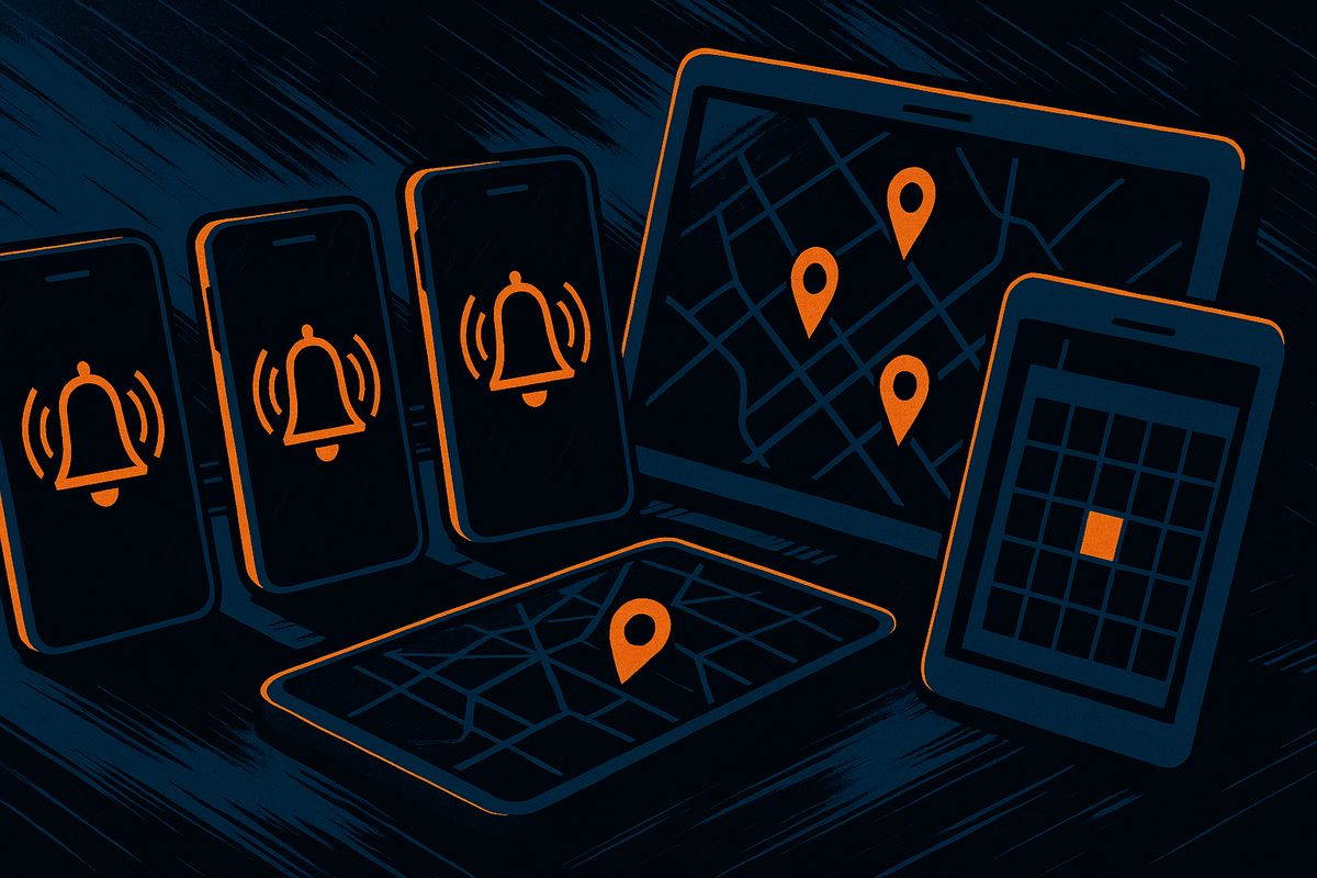 Multi-device command center—phones chiming alerts, tablets with map pins and a calendar—fast, tactical monitoring to boost Switch2 purchase odds