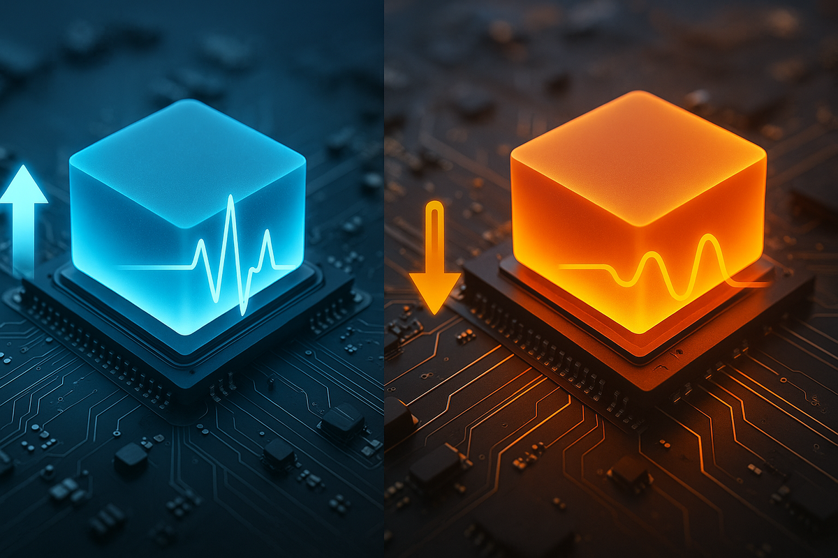Split neon chip duel—cool blue vs warm orange—Tensor G5 power or Tensor G4 efficiency? Pixel 10a performance debate crackling with energy