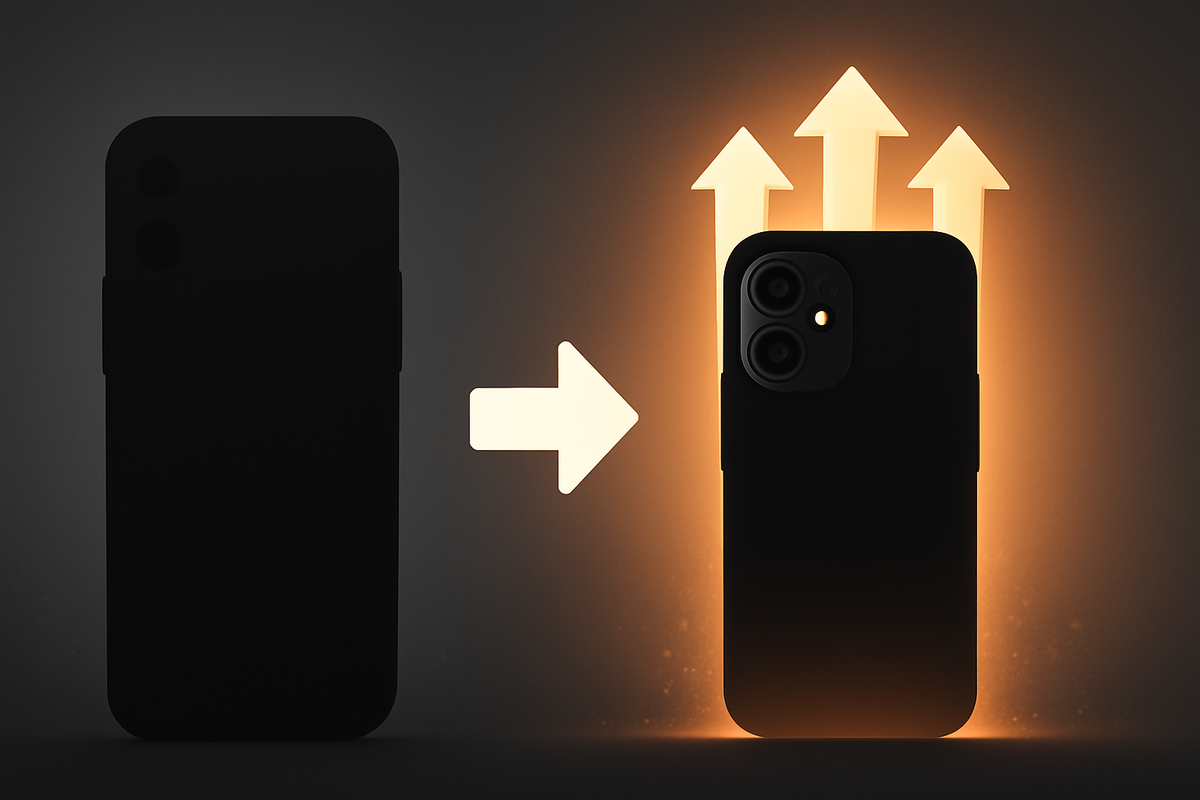 Shadow phone morphing into a brighter twin with rising arrows—Pixel 9a → Pixel 10a evolution, upgrade momentum ignites