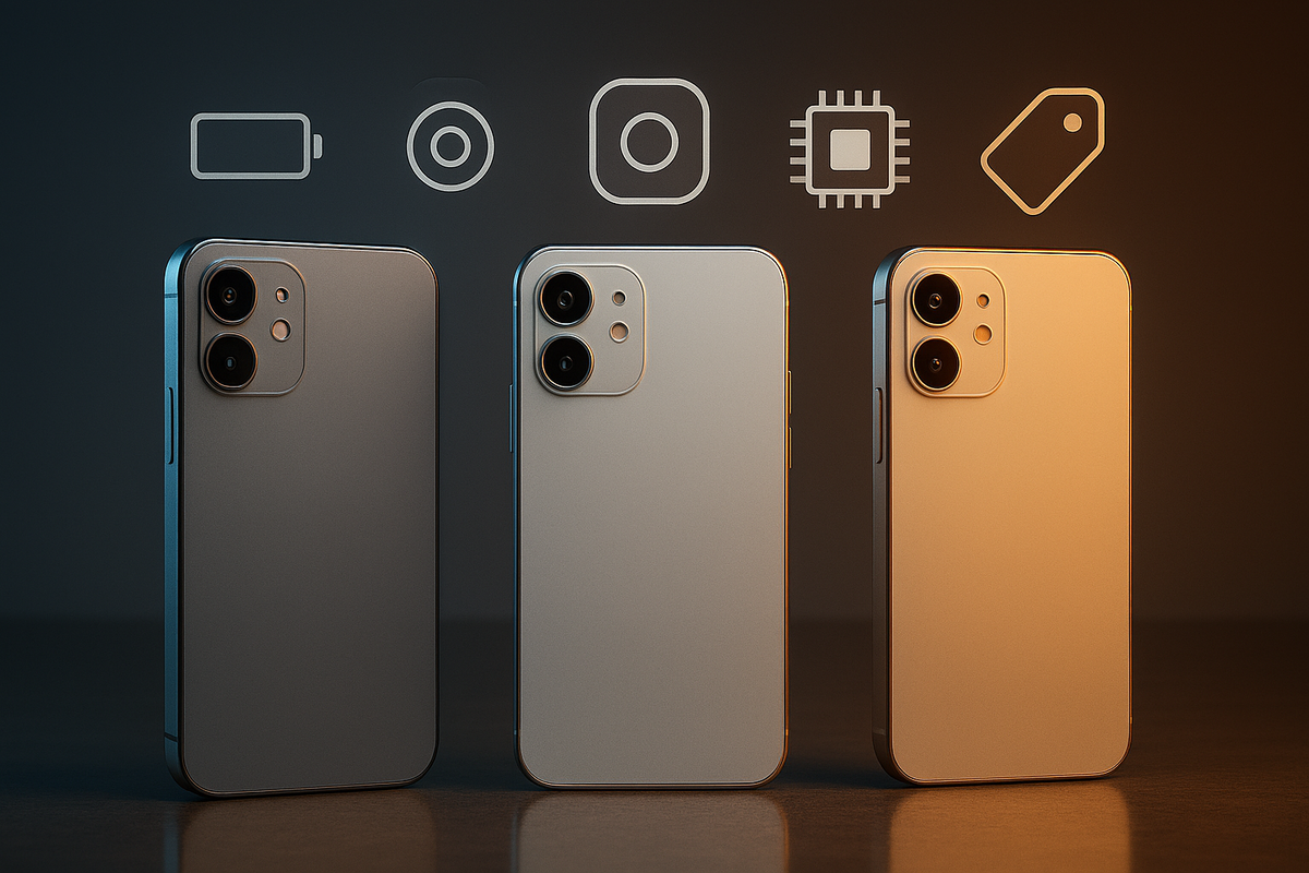 Three clean phones under icons for battery, camera, chip and price tag—Pixel 10a spec & variant comparison, calm clarity for smart buyers