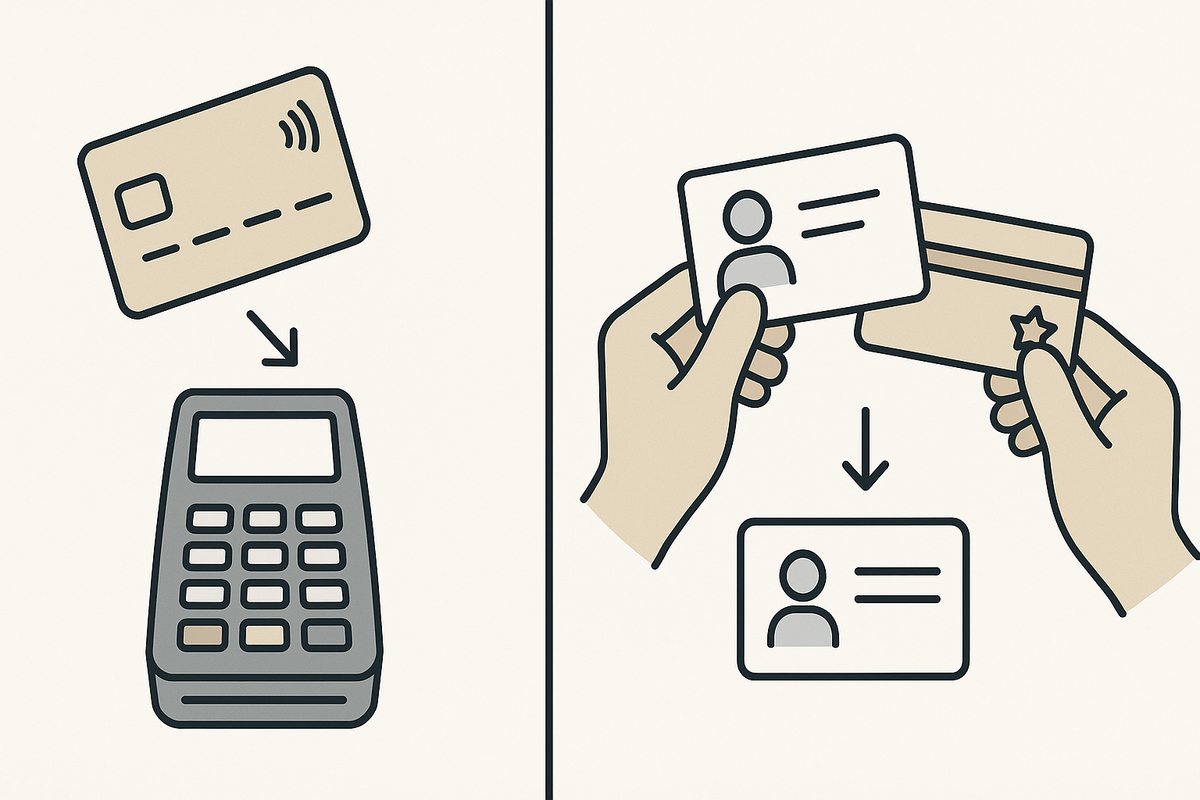 Clean split infographic: credit card → terminal vs ID + point card check—Yodobashi Switch2 in-store purchase rules at a glance, tension dissolving into clarity