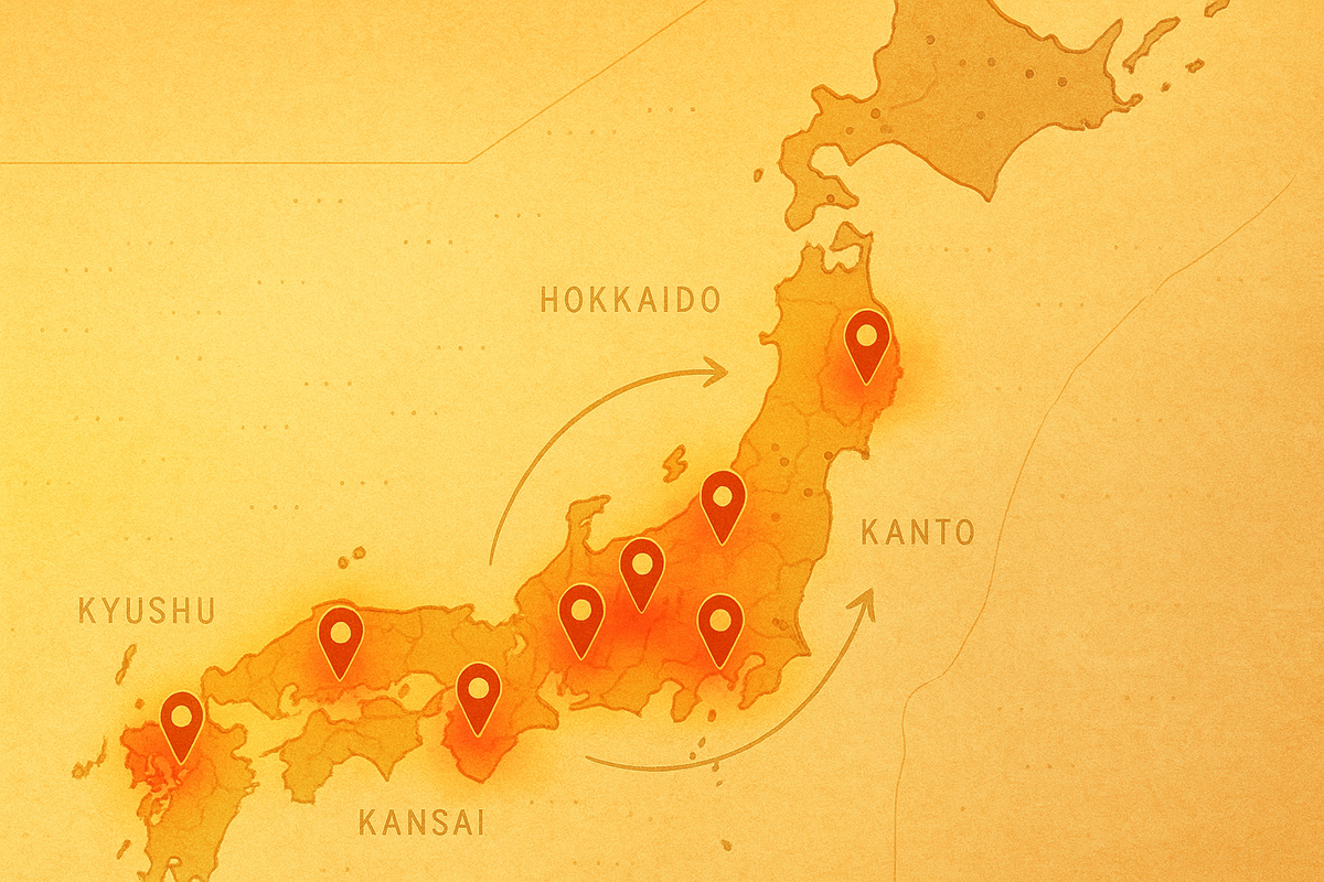 Warm paper-tone Japan map with glowing pins and sweeping arrows—nationwide wave of Yodobashi Switch2 shipments rolling from Hokkaido to Kyushu, momentum and anticipation