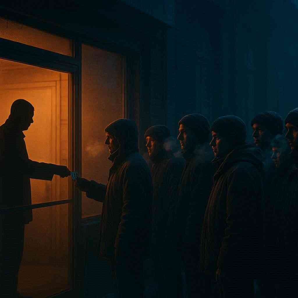 Predawn queue outside a glowing storefront as staff hand out numbered tickets—raw breath, cold air, and electric hope for a surprise Yodobashi Switch2 drop