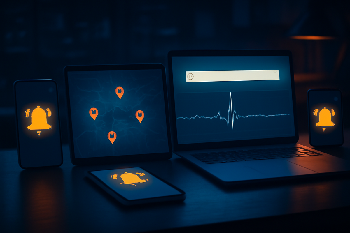 Nighttime command desk of phones, tablet, and laptop with ringing alert icons, map pins, and heartbeat graph—real-time SNS monitoring to catch Yodobashi Switch2 stock the second it appears