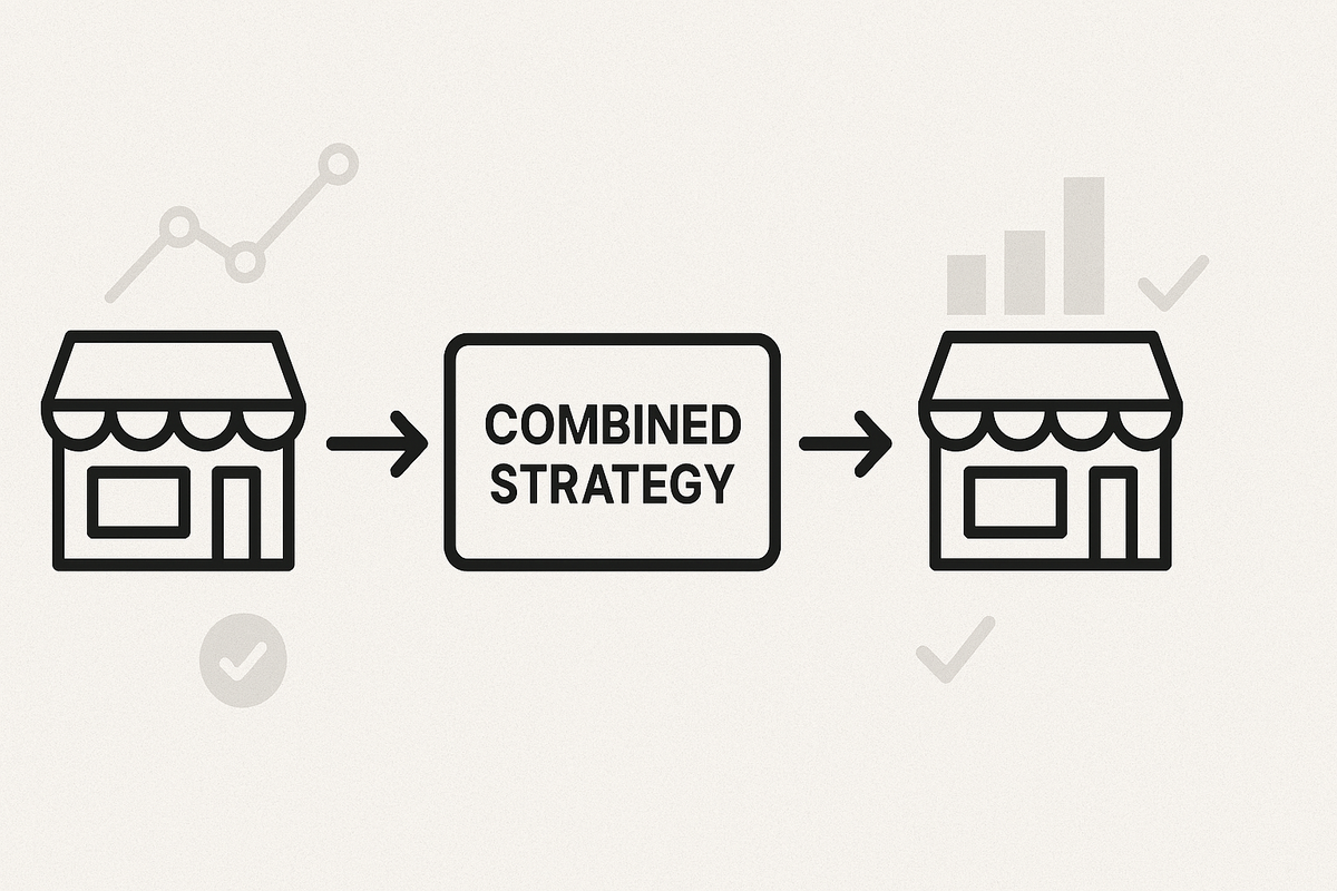 Minimal two-store diagram with “COMBINED STRATEGY” and rising charts—smart plan to juggle Yodobashi and rival retailers for a sure Switch2 win, calm confidence over chaos