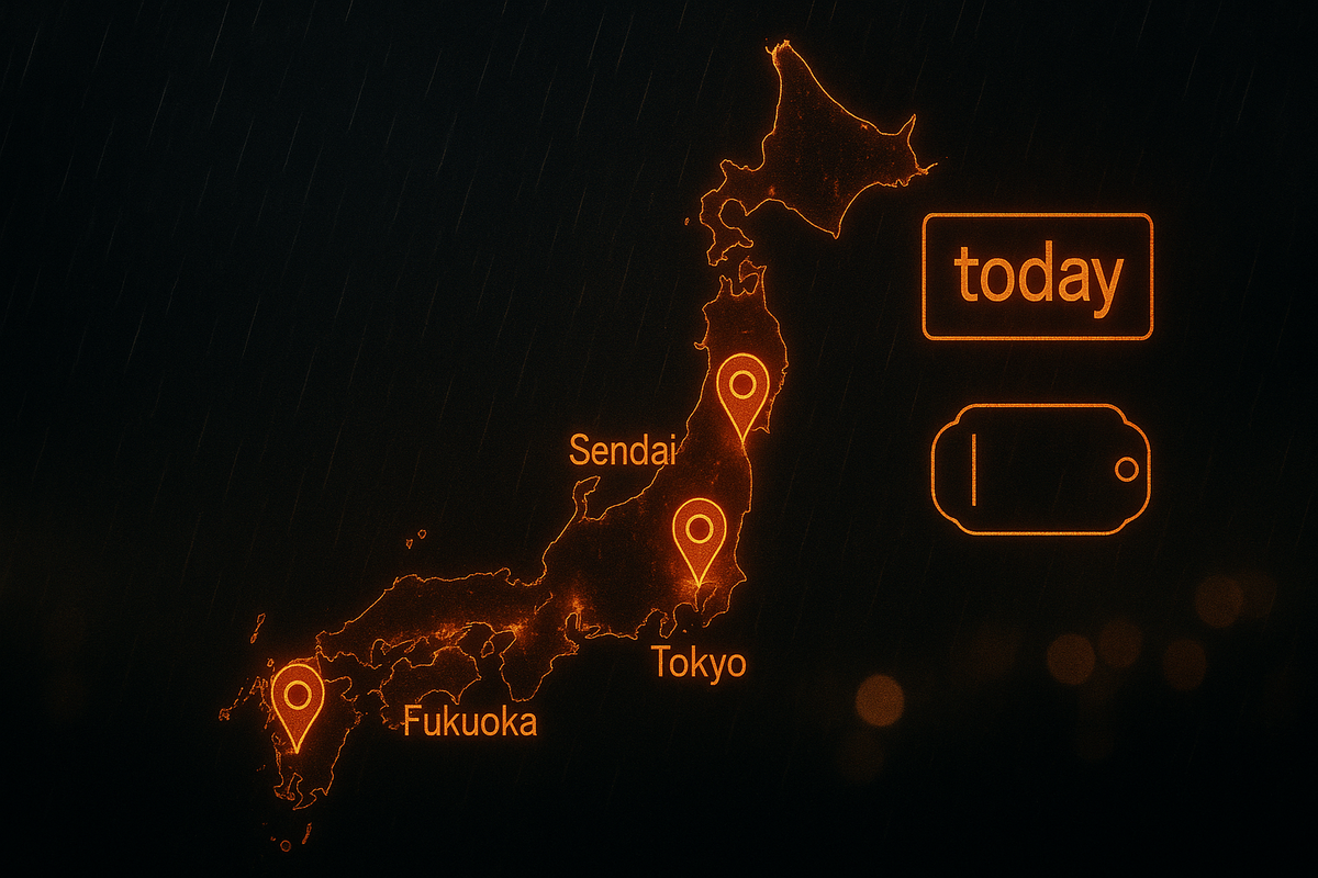Rain-soaked neon map of Japan with glowing pins on Sendai, Tokyo, Fukuoka and a “today” tag—urgent Switch2 in-store restock radar, tense yet hopeful energy