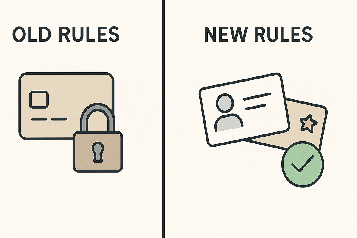 Minimal split graphic showing OLD RULES (credit card with padlock) vs NEW RULES (ID + point card with check)—clear Switch2 purchase policy shift, relief and clarity