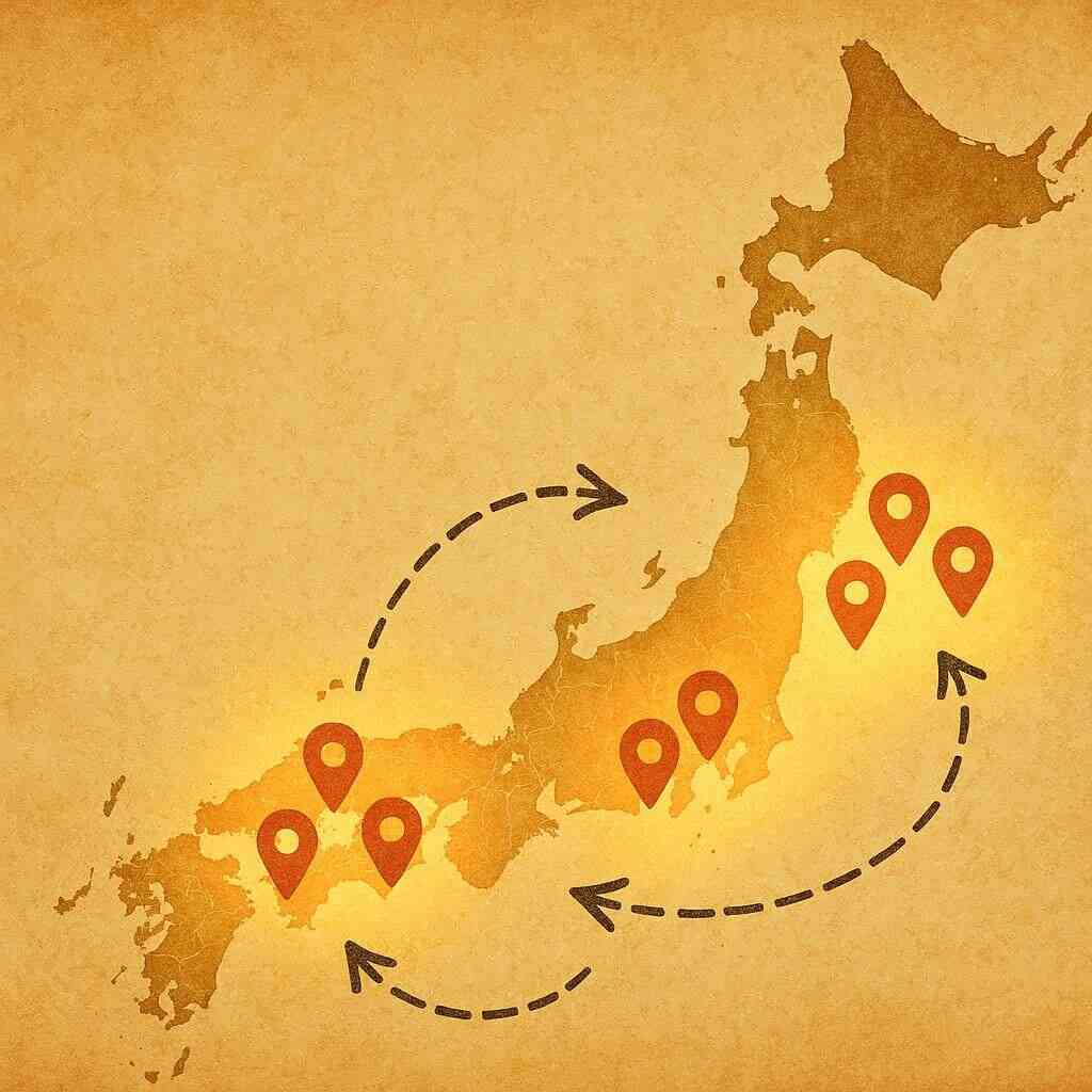 Warm vintage Japan map with route arrows and clustered pins—regional hunting paths for Switch2 stock, strategic yet optimistic journey vibe