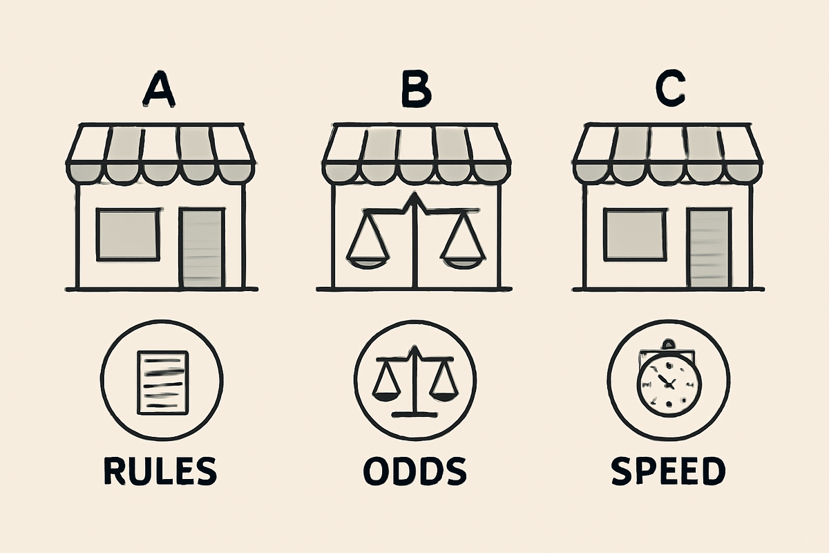 Three neutral storefront icons labeled A/B/C with RULES, ODDS, SPEED badges—side-by-side store comparison to raise Switch2 win rate, calm focus