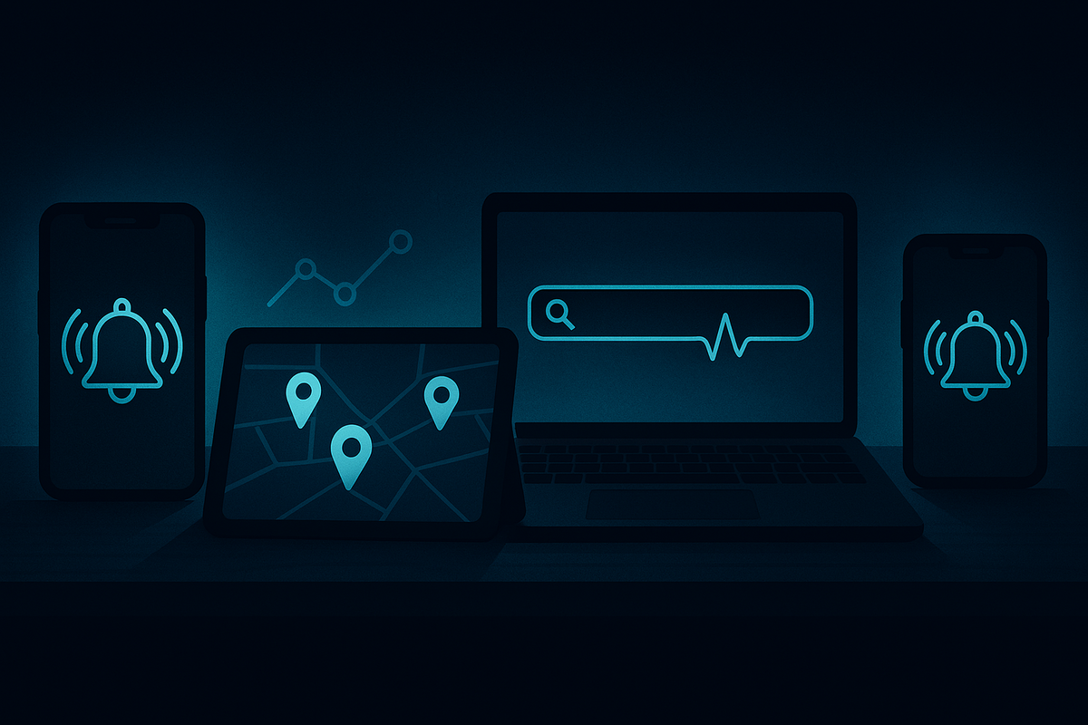 Nighttime multi-device command desk—phones flashing alert bells, tablet map pins, laptop live search pulse—real-time Switch2 monitoring, fast and determined