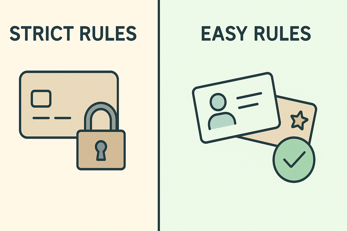 Split infographic: “STRICT RULES” credit card with padlock vs “EASY RULES” ID + member card with green check—Edion’s lenient purchase policy made crystal clear