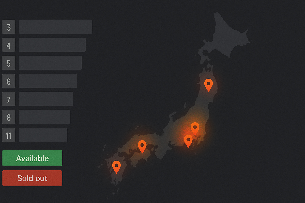 Dark dashboard heatmap of Japan with store pins, left-side bar ranks showing 3–11 units, green Available vs red Sold Out—transparent view of Switch2 stock hotspots