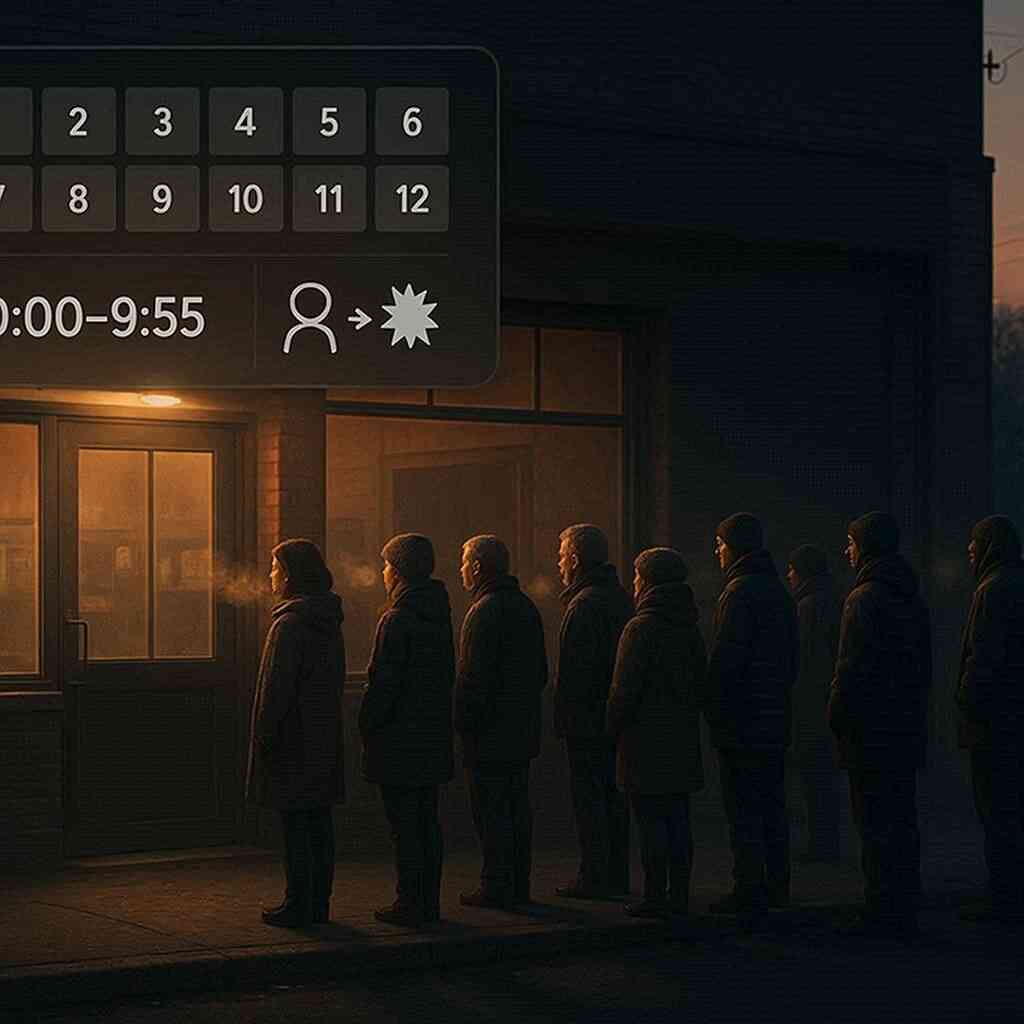 Dawn queue outside a warm-lit store with overlay showing 9:00–9:55 ticket window—cold breath, tight nerves, and focused strategy before Switch2 ticket distribution